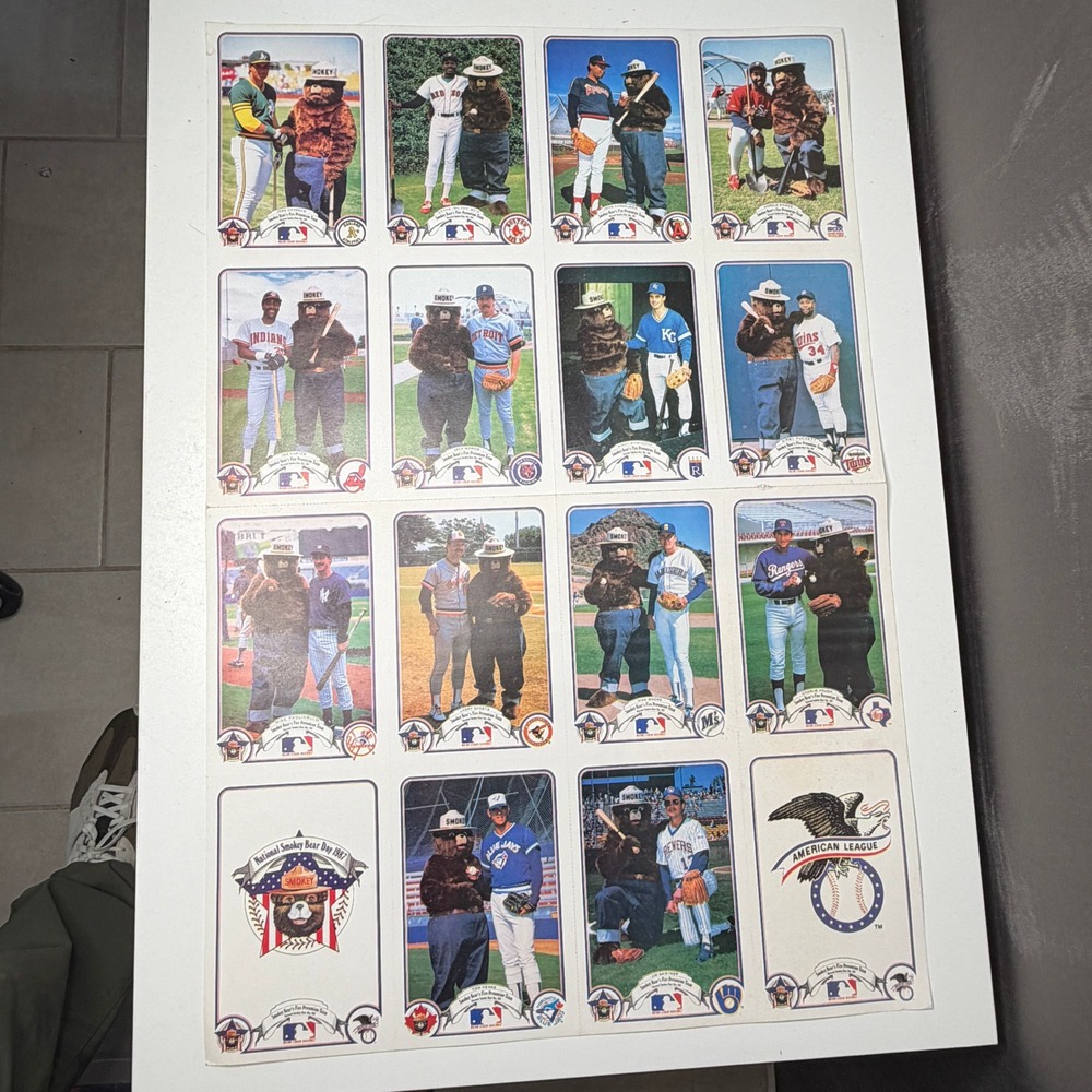 MLB AL 1987 Smokey Bear's Fire Prevention Team 16 Card Uncut Sheet 18x24